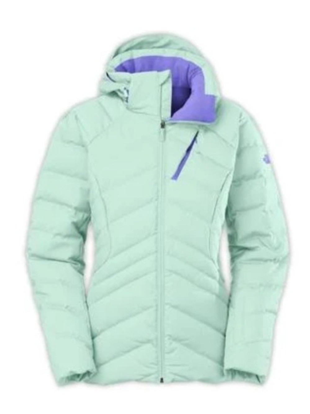 The North Face Mint Green Ski Puffer Jacket with Purple Lining